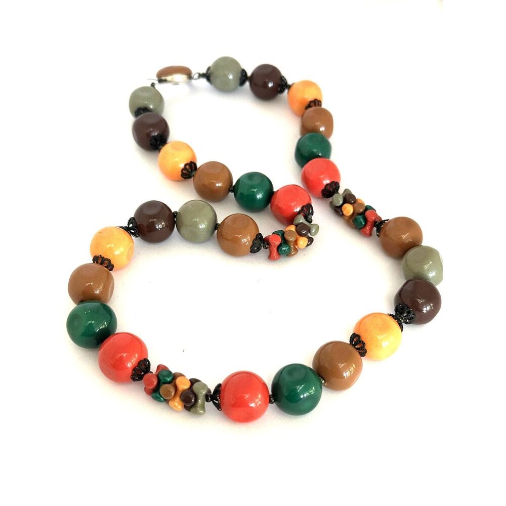 Vintage Lucite Chunky Beaded Necklace Multicolor Warm Autumn Colors
